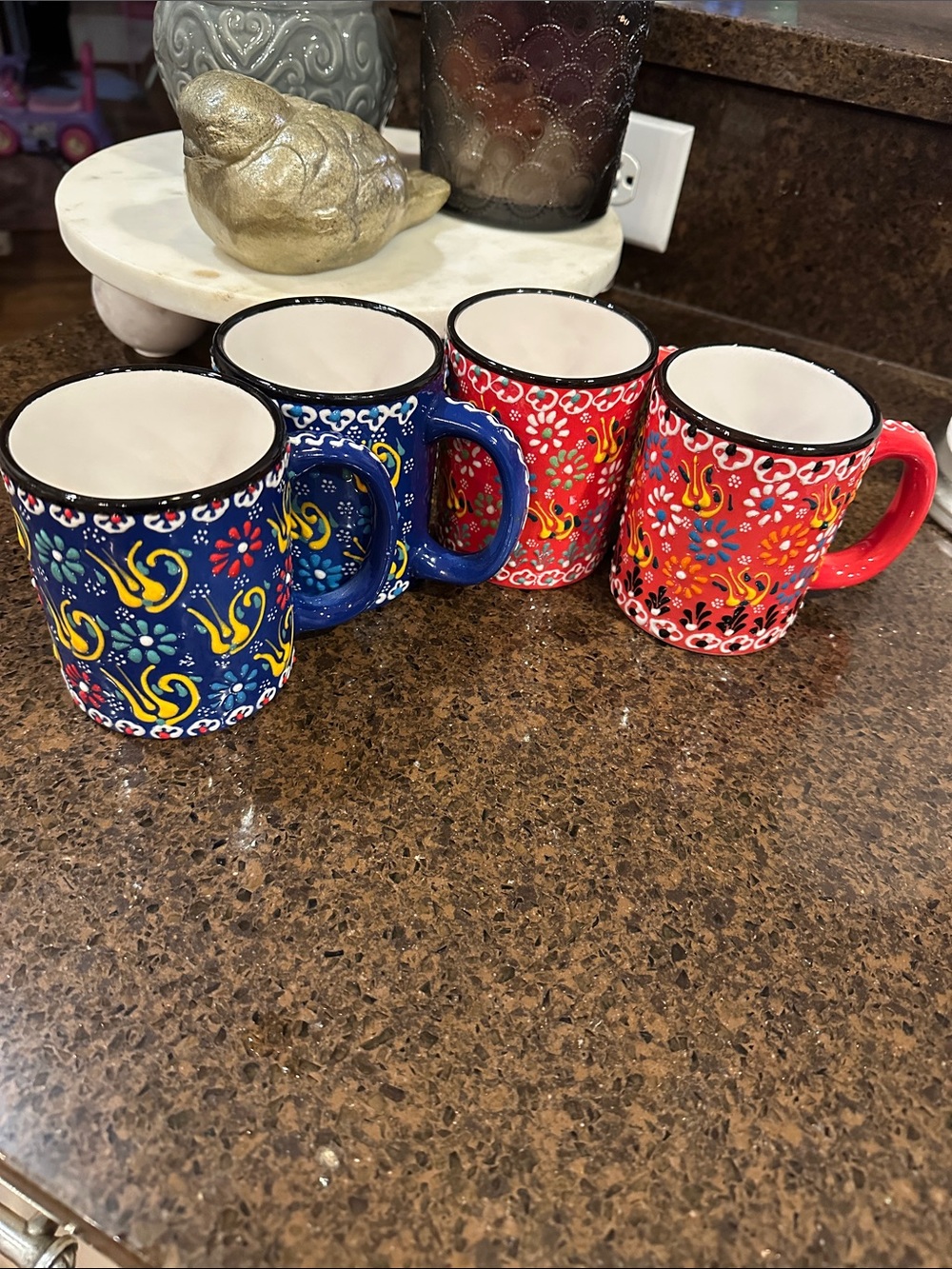 Hand-Painted Floral Ceramic Mug Set - Blue & Red